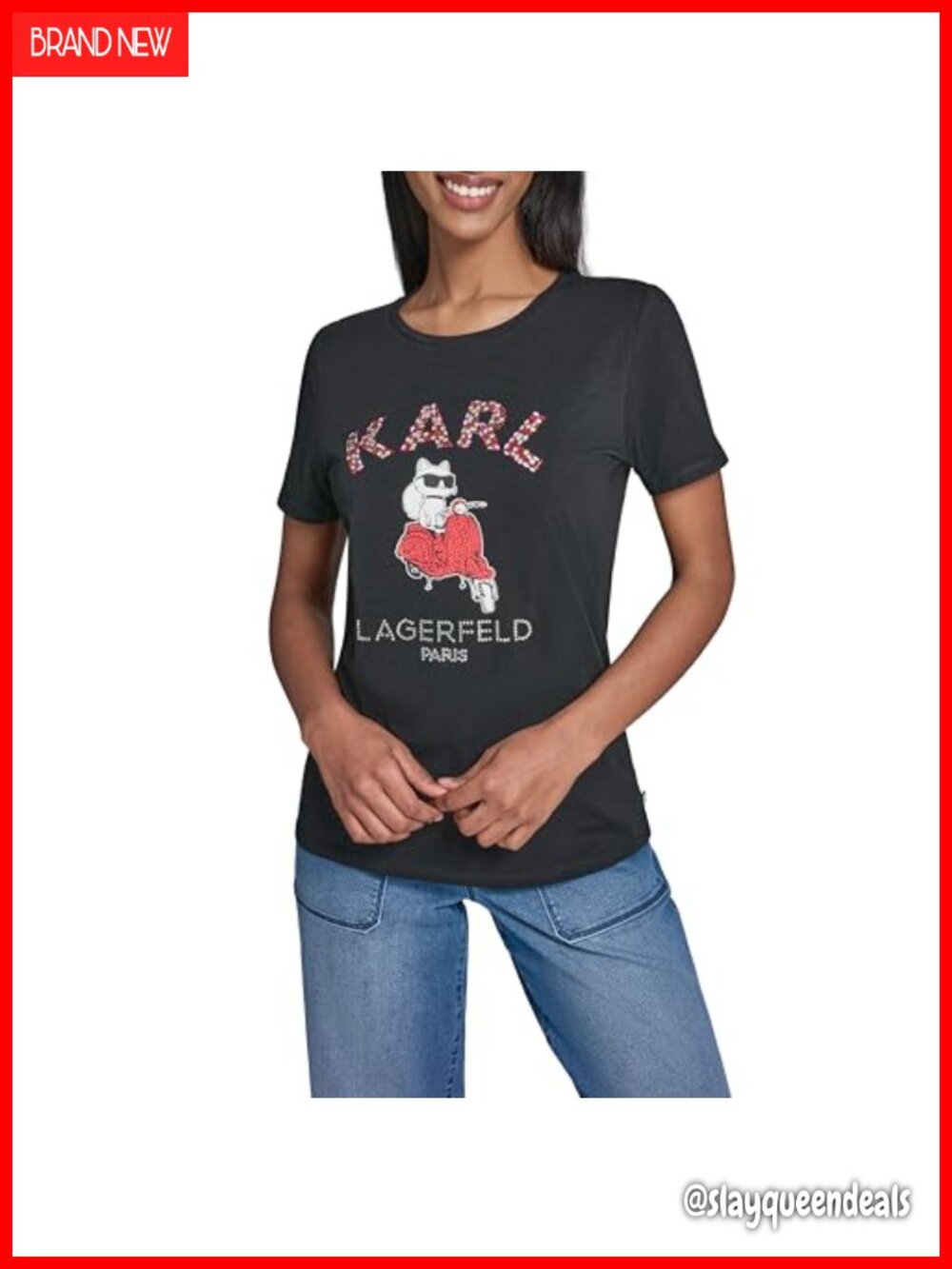 Karl Lagerfeld Logo Choupette Moped Crew Neck Cap Sleeve T-Shirt